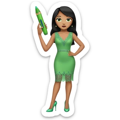 A plus-size light-skinned Black woman is wearing makeup. She has long, straight, waist-length black hair and is wearing a green sleeveless dress with rhinestones and lace and a low neckline. She is standing in green high heels and is holding a crayon in one hand, with the other hand raised. sticker