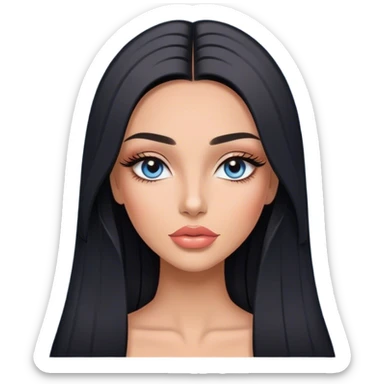 Glamours, tanned, very beautiful girl, with big pump peach-beige-rose lips, long long lashes, black straight smooth silky long hair, straight parting hair, blue-grey eyes sticker