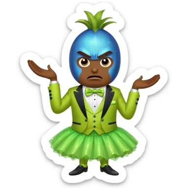 Angry blue banana fruit wearing a sparkly lime green tuxedo and tutu sticker
