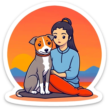 A very beautiful and attractive 25-year-old Chinese woman with long flowing black hair and a SOLID DARK GREY whippet sitting together during a beautiful sunset. The whippet MUST be COMPLETELY SOLID DARK GREY with ABSOLUTELY NO WHITE MARKINGS ANYWHERE - no white chest, no white face, no white paws, no white tip on tail - ENTIRELY ONE SOLID DARK GREY COLOR throughout the entire dog. Orange and red sunset sky in the background. sticker