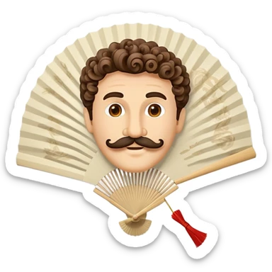 Paper hand fan with Italian man face with curly mustache printed on the fan surface sticker