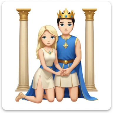 Man as king, black Hair, blue eyes, woman, blonde, green eyes, shott white sleveless Dress, kneeling, background palace sticker