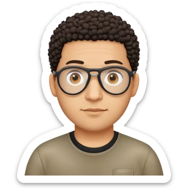 Light brown skinned Latino man with oval face, aviator glasses, completely bald sides with extremely short dark curly hair only on crown, friendly neutral expression, casual black t-shirt sticker