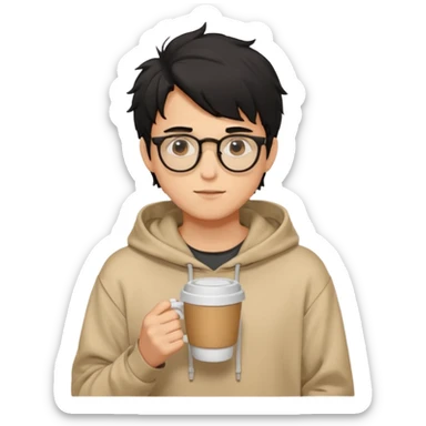a light tan handsome boy with messy a black hair and spectacles. wearing a beige oversized and loose hoodie with a coffee in hand sticker