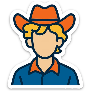 vibrant toon style young man with wavy blonde hair, blank face, orange cowboy hat sticker