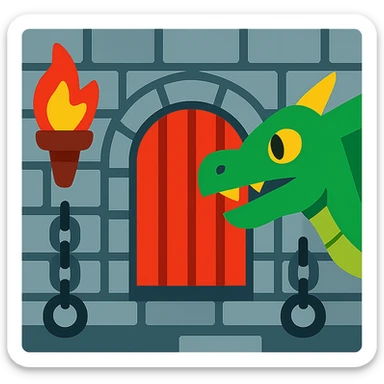A dungeon emoji with torches, chains, and a dragon, vibrant colors sticker