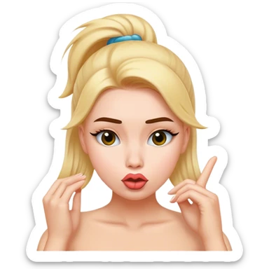 pushing hair behind one ear and making duck lips sticker