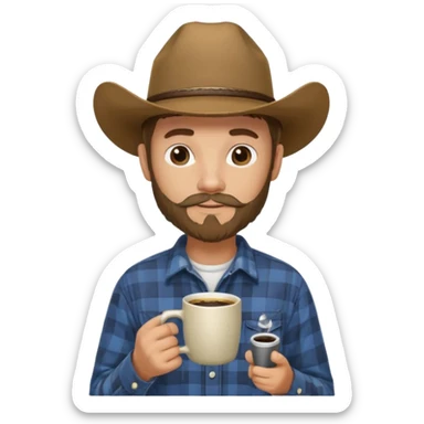 generate an ios genmoji of a 20 year old tan boy with a cowboy hat and mutton chop beard. Wearing a flannel and carrying a coffee mug sticker