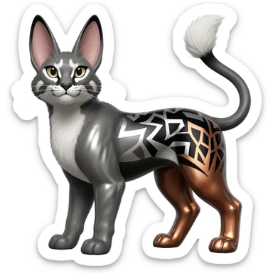 Realistic patterned marked edgy greyish blackish whitish silvery coppery Shiny Colorful Glossy Genet-Caracal-Lion-Bunny-Bobcat-fusion-animal-hybrid-creature, full body, big-tufted-bat-ears, long-thin-tufted-white-tipped-tail sticker
