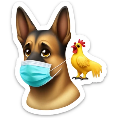 German shepherd wearing surgical mask taking chicken’s temperature  sticker