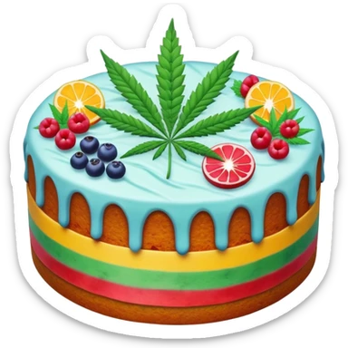 colorful frosted fruit cake with cannabis leaf sticker