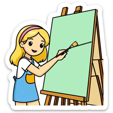 Woman with sandy blonde hair painter/artist painting a big canvas that reads “ANOTHER ONE BITES THE DUST - HAPPY BIRTHDAY” in 60’s hippie style painting sticker