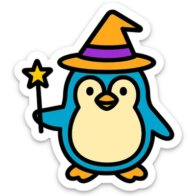 A penguin dressed as a wizard, wearing a pointed hat and holding a magic wand sticker