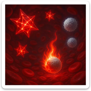 semi-realistic surreal illustration of omega-6 molecules in bloodstream, red, sharp, and luminous, triggering inflammation with flames or red signals upon contact with healthy cells, nearby defensive white blood cells, luminous effects, surreal medical style sticker