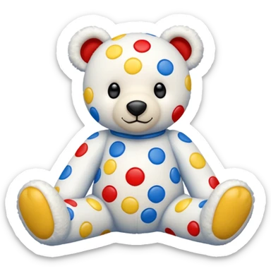 White teddy bear covered with blue, red and yellow spots and square dots on the feet sticker