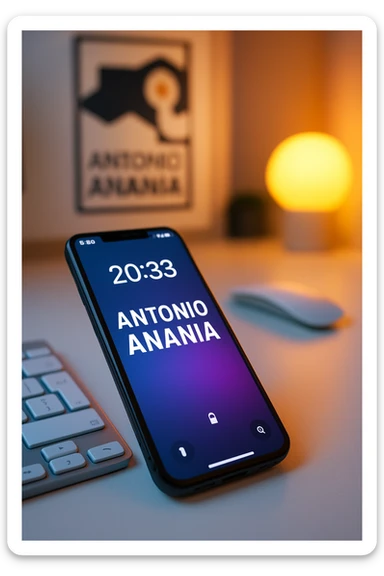 A photo of an iPhone on the desk with the message "Antonio Anania" on its screen, The phone sits atop a desk with a blurred background that suggests work environment. A faint glow from above casts gentle shadows across the surface of each object, creating depth and highlighting their textures sticker