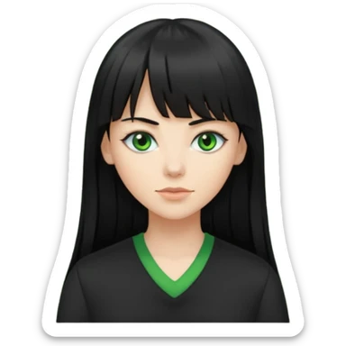 A white woman with Long straight hair with bangs, black hair, green eyes and a black low-cut shirt sticker