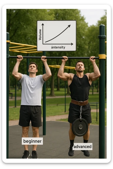 Due atleti fianco a fianco in un parco attrezzato: a sinistra il neofita che fa 10 trazioni leggere con concentrazione, a destra l’atleta avanzato con cintura zavorrata che fa 3 ripetizioni lente e pesanti. Tra loro, grafico sospeso in aria che mostra: 'Volume → neofita | Intensità → avanzato'. Stile realistico con elementi educativi visivi sticker