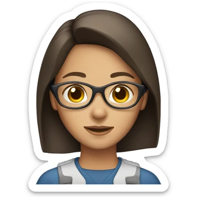 brunette woman with work headset sticker