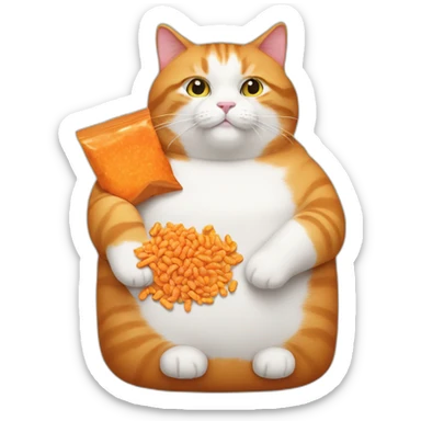 very fat ginger and white cat with bag of Cheetos sticker