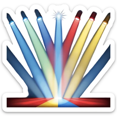 An emoji of stage lights shining brightly. Multiple spotlights in different colors (blue, yellow, red) angled towards a stage, creating a dramatic and concert-like atmosphere. Beams of light cutting through the darkness with a slight glow effect sticker