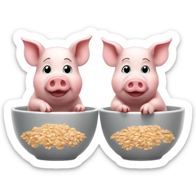 2 pigs, one eating oats, the other can't reach the bowl sticker