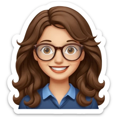happy woman with long wavy brown hair and glasses sticker