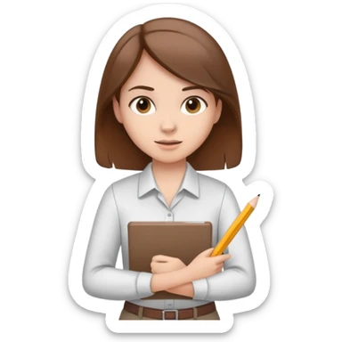 Intern or volunteer with brown hair holding a clipboard and pencil, ready to take notes or assist. The character wears a simple shirt and has an eager posture sticker