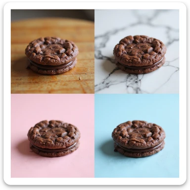 Create photorealistic images of a double chocolate cookie on four different backgrounds: a wood table, a marble countertop, a pastel pink background, and a blue gradient background. Maintain the realistic and detailed appearance of the cookie. sticker