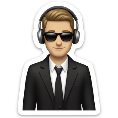 White Man brown hair with sunglasses DJ black jacket skinny tie headphones scratching records sticker