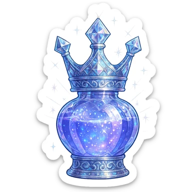 crown-shaped luxurious elixir bottle that is clearly a bottle, color #7986cb, multi-layered holographic and silver details, intricate crystal facets, magical radiant glowing and sparkling effects, seamless ornate bottom, very small neck, transparent background, floating clearly in air, not standing, no base or shadow, modern, extremely beautiful, matching a collection sticker