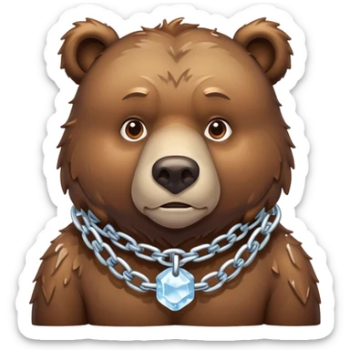 Serious realistic brown bear on all four legs wearing a thick chain made of ice around its neck, frozen chain links, stern expression sticker