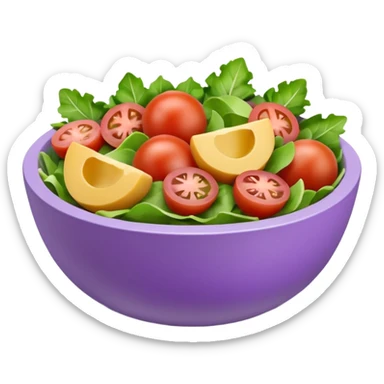 Modern premium 3D emoji icon: salad bowl (🥗), smooth rounded shapes, matte + subtle gloss, top-left studio light, soft shadow. Purple bowl with lavender rim; ingredients in natural colors, all sliced/chopped (no whole tomatoes). Centered, transparent background, no text sticker