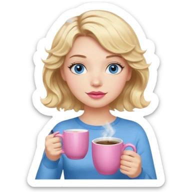 Girl Blonde short wavy hair,  blue eyes, cute blue top, long lashes, pink lips, holding hot coffee mug sticker