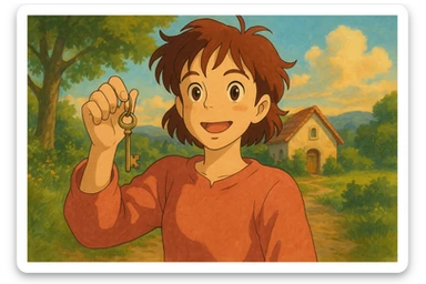 person holding a house key sticker