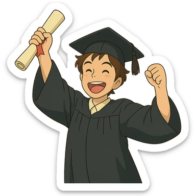 ghibli style successful graduate student, cap and gown, diploma, joyful expression sticker