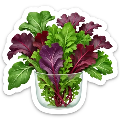 loose mesclun leaves mixed baby salad greens arugula spinach red chard frisée oak leaf lollo rosso varied shapes colors textures greens purples reddish veins delicate edges curls natural look fresh soft highlights no water drops 3D clean minimal soft shadows transparent background emoji scale sticker