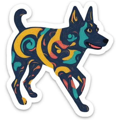 Abstract quirky funky made of different shapes dog running and squiggles linocut multicoloured illustrations  sticker