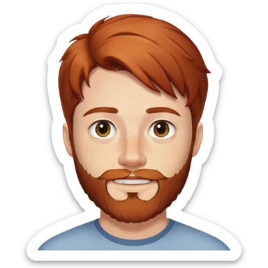 A 25-year-old young man with shoulder-length auburn hair, a beard, a gap between his front teeth, and freckles sticker
