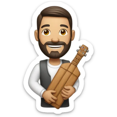 A man holding a virib made of wood and smiling sticker