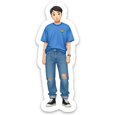asian guy wearing shirt that says vetements with blue jeans baggy,   sticker