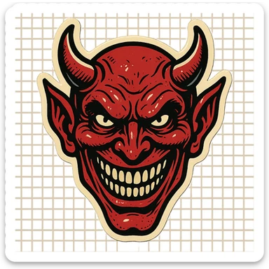 scary demonic smiling face, retro stickers style, sharp black outlines, simple but detailed drawing, clear shadows and highlights, no gradients sticker
