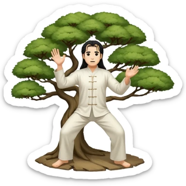 pratiquant de qi gong, homme aux cheveux long, en position de l'arbre, en tenue noire ou blanche sticker