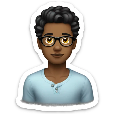 create teenage boy, with big eyes, slicked back black hair and glasses, round face sticker