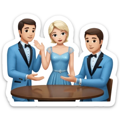 Sabrina’s carpenter in a light blue sparkly dress at a table with 3 handsome men facing each other and she is standing up putting her hand out  sticker