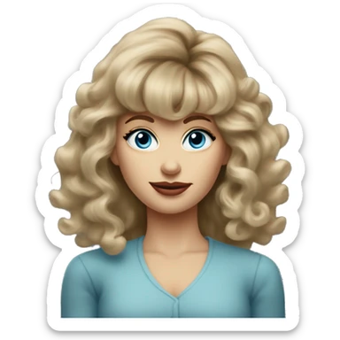 Medium length Dirty blonde big poofy hair with bangs all across forehead and sides swept away from face woman of 60 with blue eyes  sticker