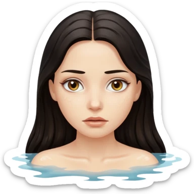 Woman submerged in black water, wet skin and eyes above surface, silent invitation sticker