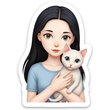 Beautiful girl with long black hair holding a hairless cat sticker