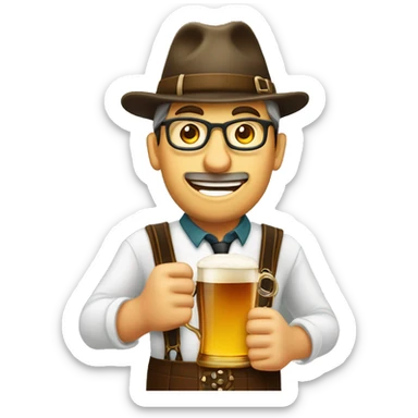 Person wearing a hat and lederhosen while holding a huge mug of beer and a pretzel sticker