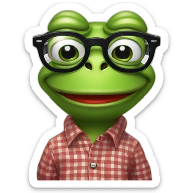 smiley face pepe the frog in black and red checkered shirt with square glasses for vision in cartoon style sticker